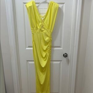 Yellow Sleeveless V-Neck Ruched Maxi dress